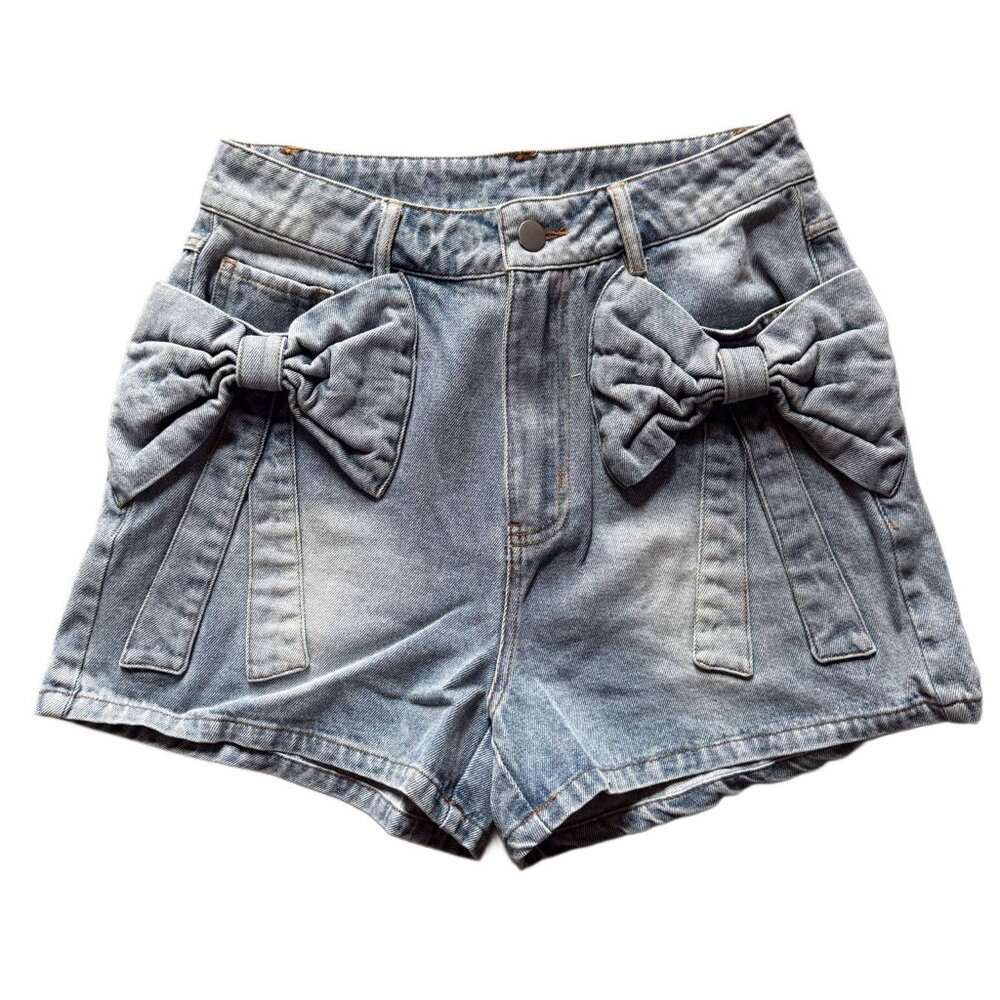 Bow Ribbon Knot Pocket Denim Shorts